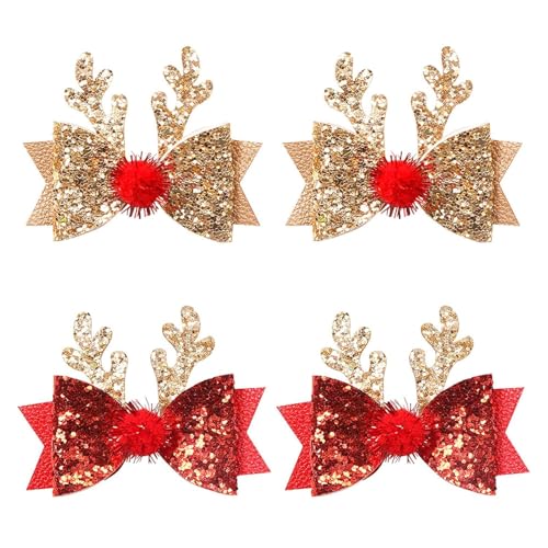4 Stück Haarspange Weihnachten, Weihnachts Haarspangen Mädchen Glitzer, Schleife Haarspange Rentier, Weihnachts Haarschmuck für Mädchen Damen von LQTSLFM
