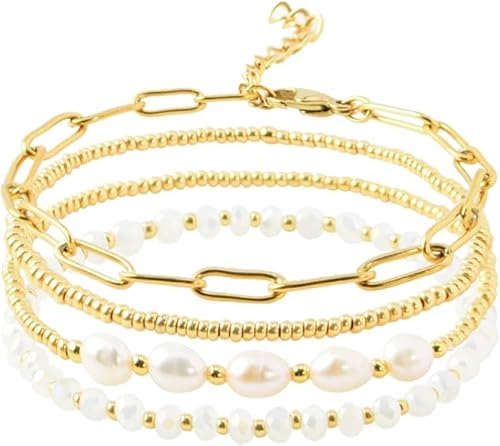 LQTSLFM 4 Stück Armband Damen Gold, Perlenarmband Set, Verstellbare Geschichtete Gliederkette, Boho Schmuck Geschenke für Damen Mädchen von LQTSLFM