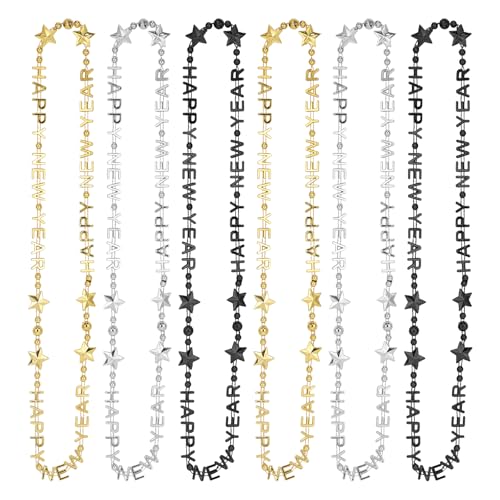LQTSLFM 6 Stück Happy New Year Perlenkette, Silvester Deko 2025 Gold, Neujahr Perlenkette Damen, Silvester Party Halskette, Perlenkette für Silvester Party Zubehör (Schwarz, Gold, Silber-6 Pcs) von LQTSLFM