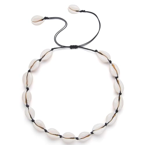 LQTSLFM Muschelkette Damen, Sommer Strand Kette mit Muschel, Exquisit Sommer Kette Muschelschmuck, Einstellbar Sea Shell Necklace, Stilvoll Gold Kette für Damen Schmuckgeschenke (Schwarz) von LQTSLFM