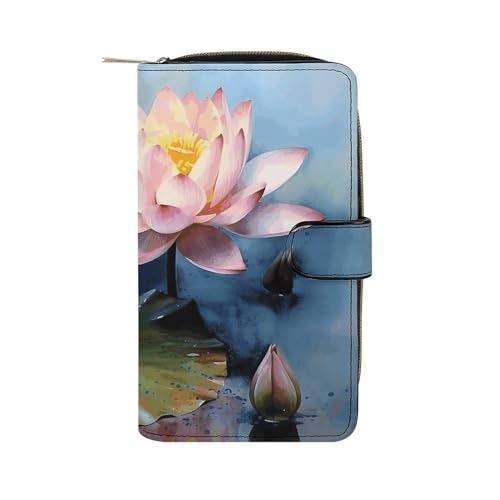 Geldbörse, Motiv: Lotusblumen, bedruckt, Reise-Geldbörse, strapazierfähige Geldbörse, tragbare Geldbörse, Universalgeldbörse, Ledergeldbörse, Lotusblumenmalerei, 19,7 x 11 x 3,5 cm, modern, von LQWOK
