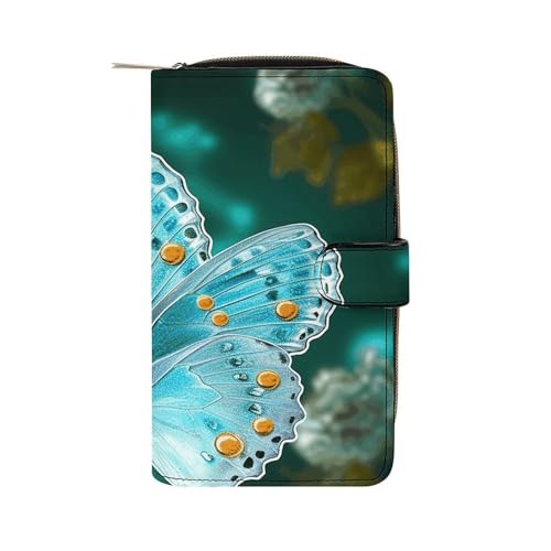 Geldbörse, hellblauer Schmetterling bedruckt, Reisebrieftasche, strapazierfähige Geldbörse, tragbare Geldbörse, Universalgeldbörse, Ledergeldbörse, hellblauer Schmetterling, 19,7 x 11 x 3,5 cm, von LQWOK
