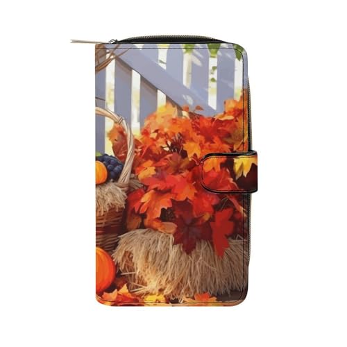 LQWOK Geldbörse, Herbst-Erntedankfest, bedruckte Geldbörse, Reise-Brieftasche, strapazierfähige Geldbörse, tragbare Geldbörse, Universalgeldbörse, Ledergeldbörse, Herbst-Thanksgiving, 19,7 x 11 x 3,5 von LQWOK