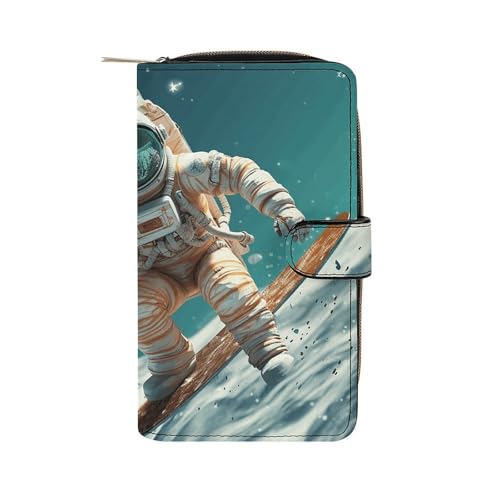 LQWOK Geldbörse, Motiv: Astronaut auf Skiern, bedruckte Geldbörse, Reisebrieftasche, strapazierfähige Geldbörse, tragbare Geldbörse, Universalgeldbörse, Ledergeldbörse, Astronaut auf Skiern, 19,7 x 11 von LQWOK