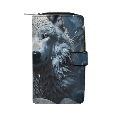 LQWOK Geldbörse, Motiv: Wolf sitzt im Schnee, bedruckte Geldbörse, Reisebrieftasche, strapazierfähige Geldbörse, tragbare Geldbörse, Universalgeldbörse, Ledergeldbörse, Wolf sitzt im Schnee, 19,7 x 11 von LQWOK
