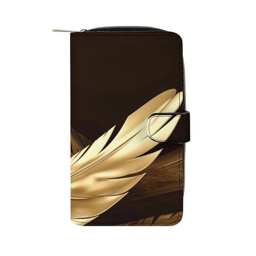 LQWOK Geldbörse, bedruckte Geldbörse mit goldenen Federn, Reise-Geldbörse, strapazierfähige Geldbörse, tragbare Geldbörse, Universalgeldbörse, Ledergeldbörse, goldene Federn, 19,7 x 11 x 3,5 cm, von LQWOK
