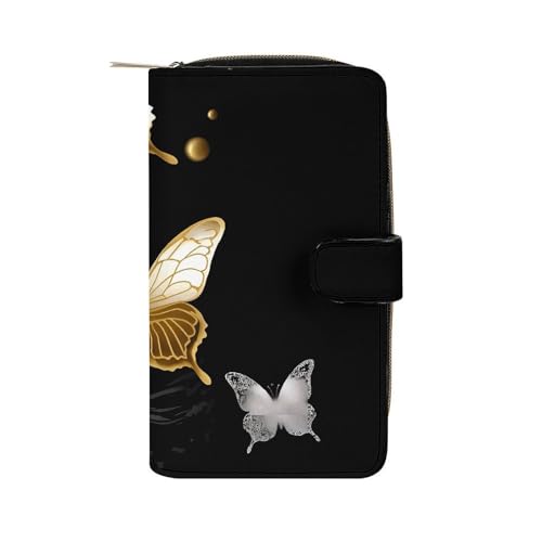 LQWOK Geldbörse, goldfarbene weiße Schmetterlinge, Reisebrieftasche, strapazierfähige Brieftasche, tragbare Geldbörse, Universalgeldbörse, Ledergeldbörse, goldfarbene weiße Schmetterlinge, 19,7 x 11 x von LQWOK