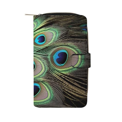 LQWOK Geldbörse, grüne Pfauenfeder-bedruckte Geldbörse, Reisebrieftasche, strapazierfähige Geldbörse, tragbare Geldbörse, Universalgeldbörse, Ledergeldbörse, grüne Pfauenfedern, 19,7 x 11 x 3,5 cm, von LQWOK