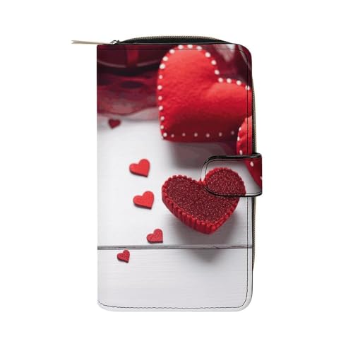 LQWOK Handgefertigte Geldbörse mit roten Herzen, Reise-Geldbörse, strapazierfähige Geldbörse, tragbare Geldbörse, Universalgeldbörse, Ledergeldbörse, handgefertigt, rote Herzen, 19,7 x 11 x 3,5 cm, von LQWOK