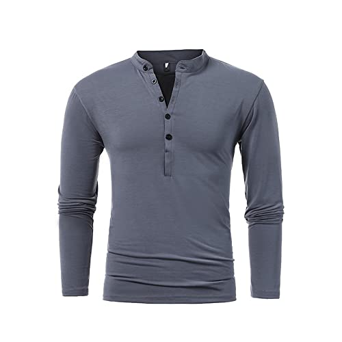 Casual T-Shirt Herren Stehkragen Knopfleiste Slim Fit Einfarbig T-Shirt Herren Trend Zwei-In-Eins Design Longsleeve T-Shirt Herren Komfortabel Atmungsaktiv Basic Shirt Herren D-Grey M von LQX