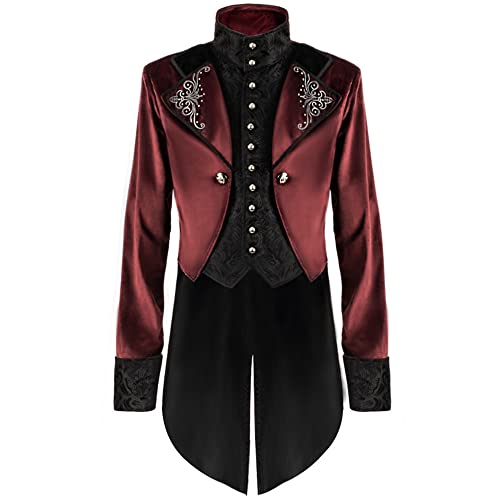 LQX Gothic Jacke Herren Mittelalter Vintage Palast-Stil Tuxedo Herren Slim Fit Hoher Kragen Langarm Jacke Herren Modern Urban Party Cosplay Fleecejacke Herren A-Red1 4XL von LQX