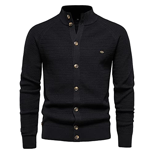 LQX Strickjacke Herren Stehkragen Cardigan Feinstrick Einfachheit Einfarbig Winter Warm Gestrickter Tops Herren Mit Knöpfe Langarm Slim Fit Sweater Jacke Herren B-Black XL von LQX