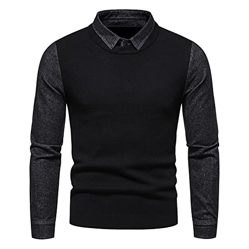 Strickwaren Herren Slim Fit Revers Zwei-In-Eins Design Gestrickter Tops Herren Stretch Komfortabel Gestreifte Langarm Shirt Herren Business Casual All-Match Mode Sweater Herren F-Black6 M von LQX