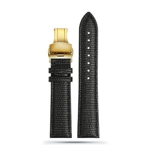 LQXHZ 16mm 18mm 20mm 22mm Schwarz Braun Rot Grade Eidechse Muster Männer Und Frauen Echtes Leder Uhrenarmband (Color : Black gold buckle, Size : 18mm) von LQXHZ