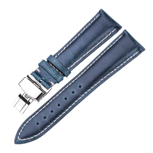 LQXHZ Uhrenarmband Aus Ölwachs-Rindsleder 18 Mm 20 Mm 22 Mm 24 Mm Blau Gelb Grün Damen Herren Echtlederband Gürtel Schmetterlingsschließe(Blue,20mm) von LQXHZ