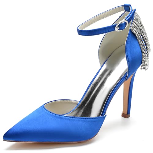 LQYACY Damen Geschlossene Pumps mit Strass Verzierungen, Spitz Zehe Stilettos für Dinner Partys Hochzeiten,Blau,40 EU von LQYACY