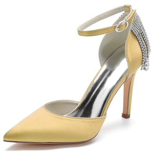 LQYACY Damen Geschlossene Pumps mit Strass Verzierungen, Spitz Zehe Stilettos für Dinner Partys Hochzeiten,Gold,41 EU von LQYACY