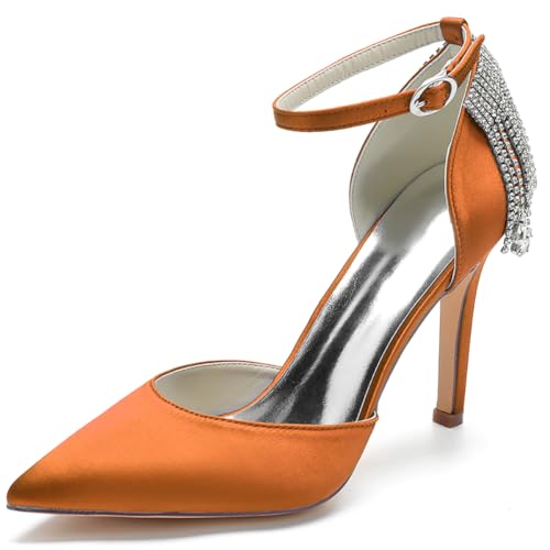 LQYACY Damen Geschlossene Pumps mit Strass Verzierungen, Spitz Zehe Stilettos für Dinner Partys Hochzeiten,Orange,35 EU von LQYACY