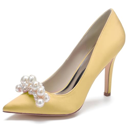 LQYACY Damen High Heels, Modische Sommer Perlen Dekorative Casual Damen Schuhe, Spitz Zehe Stiletto Formale Hochzeit Schuhe,Gold,36 EU von LQYACY