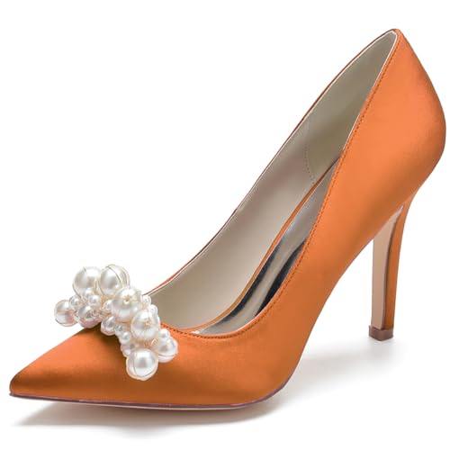 LQYACY Damen High Heels, Modische Sommer Perlen Dekorative Casual Damen Schuhe, Spitz Zehe Stiletto Formale Hochzeit Schuhe,Orange,41 EU von LQYACY