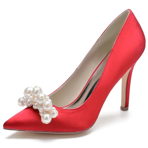 LQYACY Damen High Heels, Modische Sommer Perlen Dekorative Casual Damen Schuhe, Spitz Zehe Stiletto Formale Hochzeit Schuhe,Rot,40 EU von LQYACY