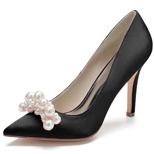 LQYACY Damen High Heels, Modische Sommer Perlen Dekorative Casual Damen Schuhe, Spitz Zehe Stiletto Formale Hochzeit Schuhe,Schwarz,36 EU von LQYACY