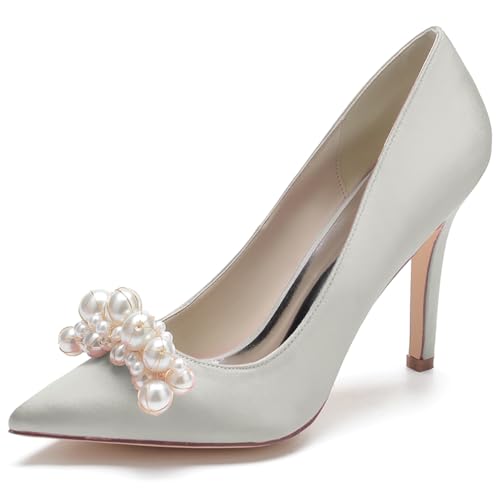 LQYACY Damen High Heels, Modische Sommer Perlen Dekorative Casual Damen Schuhe, Spitz Zehe Stiletto Formale Hochzeit Schuhe,Silber,35 EU von LQYACY