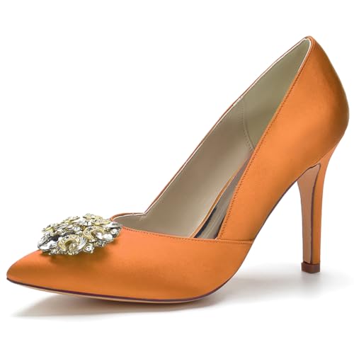 LQYACY Damen High Heels, Sommer Modische Metall Dekorative Casual Damen Schuhe, Spitz Zehe Stiletto Formale Hochzeit Schuhe,Orange,36 EU von LQYACY