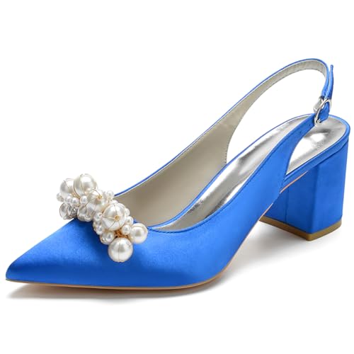 LQYACY Frauen Stiletto Spitz Toe Pumps, Frauen Party Nachtclub Arbeitsschuhe, Perlen Dekoration, geeignet für Dinner Party Hochzeit,Blau,41 EU von LQYACY