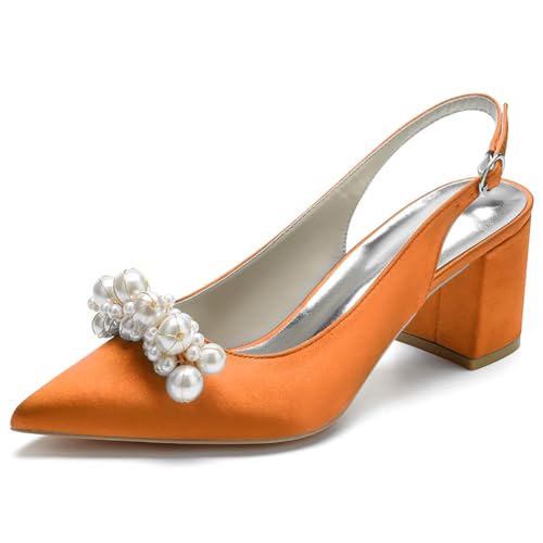 LQYACY Frauen Stiletto Spitz Toe Pumps, Frauen Party Nachtclub Arbeitsschuhe, Perlen Dekoration, geeignet für Dinner Party Hochzeit,Orange,37 EU von LQYACY