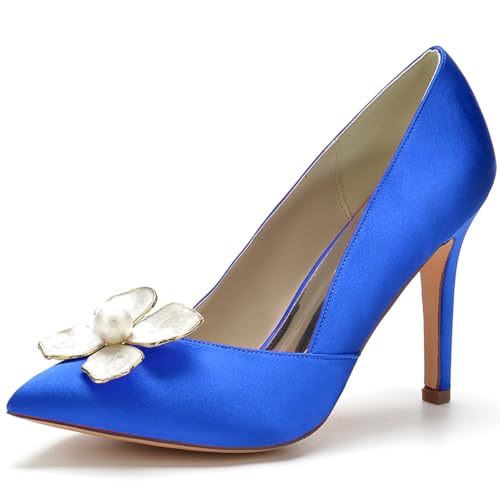 LQYACY Sommer Mode Casual Damen Schuhe, Metall Blume dekoriert Damen High Heels, Spitz Zehe Stiletto Formal Hochzeit Schuhe,Blau,38 EU von LQYACY