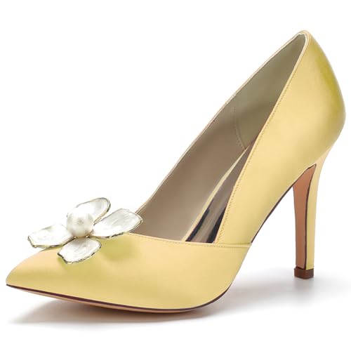 LQYACY Sommer Mode Casual Damen Schuhe, Metall Blume dekoriert Damen High Heels, Spitz Zehe Stiletto Formal Hochzeit Schuhe,Gold,39 EU von LQYACY