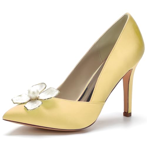 LQYACY Sommer Mode Casual Damen Schuhe, Metall Blume dekoriert Damen High Heels, Spitz Zehe Stiletto Formal Hochzeit Schuhe,Gold,40 EU von LQYACY