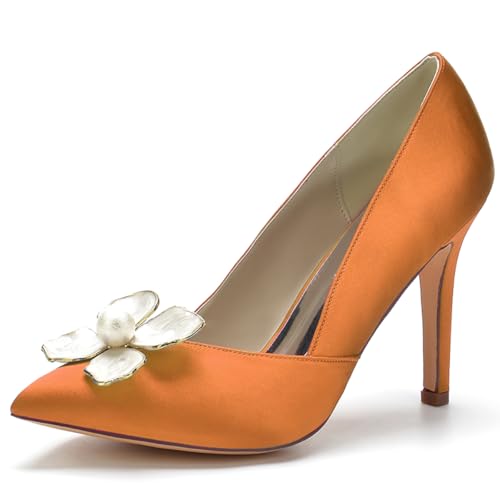 LQYACY Sommer Mode Casual Damen Schuhe, Metall Blume dekoriert Damen High Heels, Spitz Zehe Stiletto Formal Hochzeit Schuhe,Orange,38 EU von LQYACY