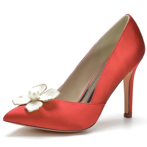 LQYACY Sommer Mode Casual Damen Schuhe, Metall Blume dekoriert Damen High Heels, Spitz Zehe Stiletto Formal Hochzeit Schuhe,Rot,37 EU von LQYACY