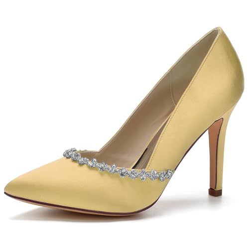 LQYACY Sommer Modische Casual Damen Schuhe, Strass Verziert Elegante Damen High Heels, Spitz Zehe Stiletto Formale Hochzeit Schuhe,Gold,41 EU von LQYACY