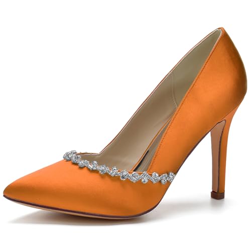 LQYACY Sommer Modische Casual Damen Schuhe, Strass Verziert Elegante Damen High Heels, Spitz Zehe Stiletto Formale Hochzeit Schuhe,Orange,36 EU von LQYACY