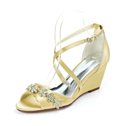 LQYACY Sommer Modische Casual Sandalen, Frauen Open Toe High Heels mit Strass Verzierungen, geeignet für Dinner Partys Hochzeiten,Gold,42 EU von LQYACY