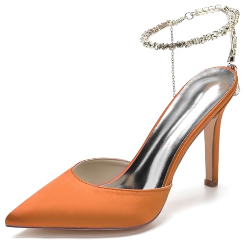 LQYACY Spitz Zehe Stilettos, Frauen geschlossen Pumps mit Strass Verzierungen, geeignet für Dinner Partys Hochzeiten,Orange,43 EU von LQYACY