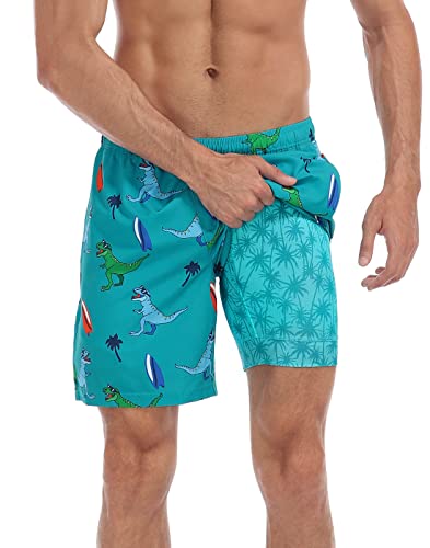 LRD Herren Badehose mit Kompressionsfutter, 17,8 cm Schrittlänge, schnell trocknende Badeshorts, Surfer Dino / Palmen, M von LRD