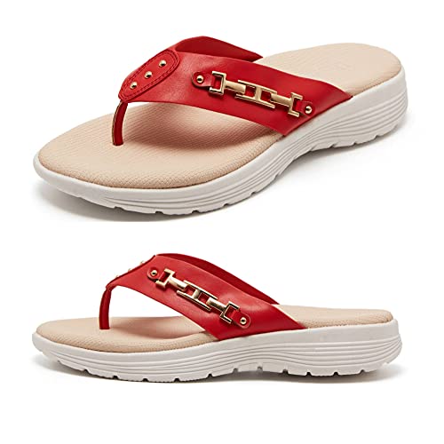 LRECHEU Keil-Flip-Flops Sandalen für Damen, leicht, lässig, Zehensandalen wie auf Wolken gehen, Rot/Ausflug, einfarbig (Getaway Solids), 40 EU von LRECHEU