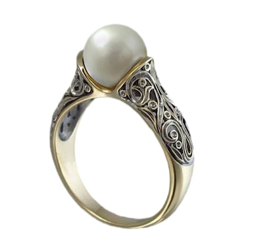 LRESJJIUJ Damenring mit 14 Karat vergoldeter Perle, handgefertigt, Süßwasser-Aquakultur-Perle, einzelner Stein, modischer Verlobungsring, Hochzeitsschmuck (Größe 6) von LRESJJIUJ