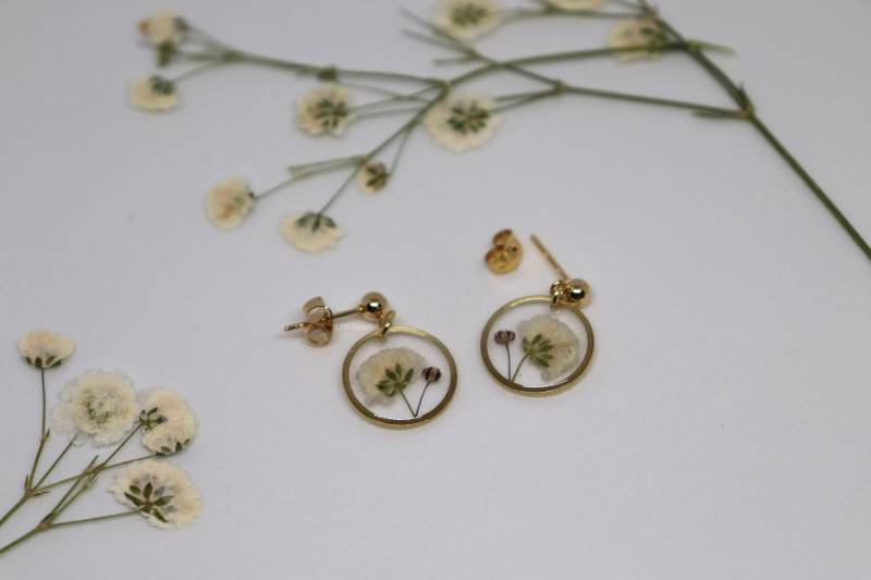 Handgefertigte Ohrringe, Gepresster Schleierkraut, Vergoldet, Harzohrringe, Floral Handgefertigte Ohrringe, Gepresster Schleierkraut, Vergoldet, Harzohrringe, Floral von LRFResin