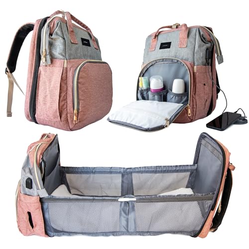 LRG Corporate Wickelrucksack mit abnehmbarer Wickelunterlage und Moskitonetz - Rucksack mit Riemen für Kinderwagen - Multifunktional - Inklusive personalisierter Geschenkbox, Rosa/Grau von LRG Corporate