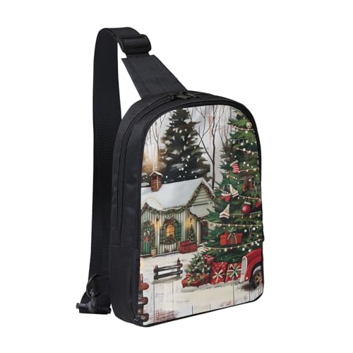 Farmhouse Weihnachten bedruckte Brusttasche für Herren und Damen, wasserdichter Crossbody-Rucksack für Läufer, Workout, Wandern, Radfahren, Reisen, Schwarz , Einheitsgröße, Lässiger Tagesrucksack von LRHCNZDCP