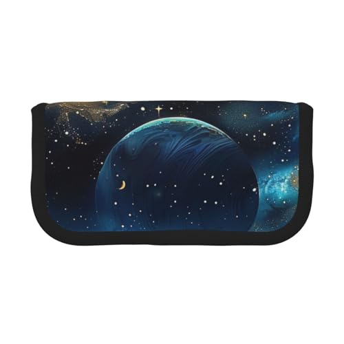LRHCNZDCP Bedrucktes Federmäppchen aus Segeltuch, Motiv: Mond, Sterne und Planeten, Make-up-Tasche, Gadget, Stiftebox mit Reißverschluss, Schwarz , Einheitsgröße, Schulranzen von LRHCNZDCP