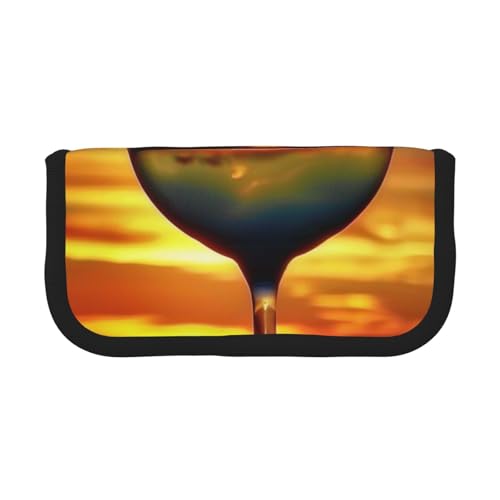 LRHCNZDCP Bedrucktes Federmäppchen aus Segeltuch, Motiv: Sonnenuntergang, Weinglas, Make-up-Tasche, Stiftebox mit Reißverschluss, Schwarz , Einheitsgröße, Schulranzen von LRHCNZDCP