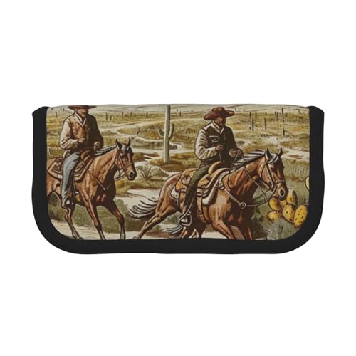 LRHCNZDCP Cowboys Federmäppchen mit Reitpferden, bedrucktes Federmäppchen, Leinen, Make-up-Tasche, Gadget-Stifttasche, Stiftebox mit Reißverschluss, Schwarz , Einheitsgröße, Schulranzen von LRHCNZDCP