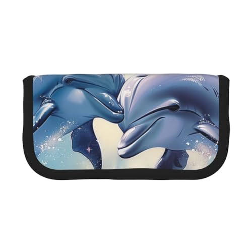 LRHCNZDCP Delphins in Love 1 bedrucktes Federmäppchen aus Segeltuch, Make-up-Tasche, Gadget-Stifttasche, Stiftebox mit Reißverschluss, Schwarz , Einheitsgröße, Schulranzen von LRHCNZDCP
