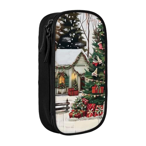 LRHCNZDCP Farmhouse Weihnachten Bedrucktes Federmäppchen Tasche Schwarz Niedlich Federmäppchen Stiftebox Stifteetui für Schule Büro, Schwarz , Einheitsgröße, Schulranzen von LRHCNZDCP